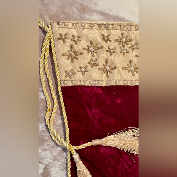 Burgundy Red Velvet & Gold Tassel Trim Christmas Stocking Curly Toe Maximalist - Picture 5 of 12
